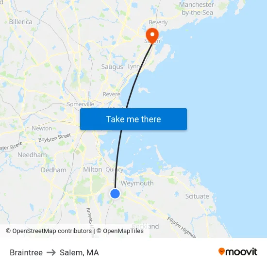Braintree to Salem, MA map