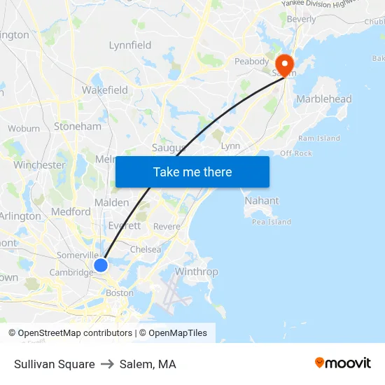 Sullivan Square to Salem, MA map