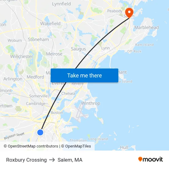 Roxbury Crossing to Salem, MA map
