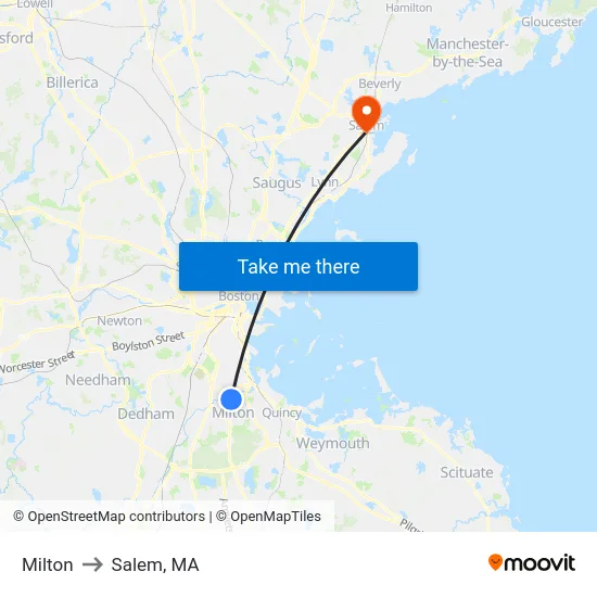 Milton to Salem, MA map