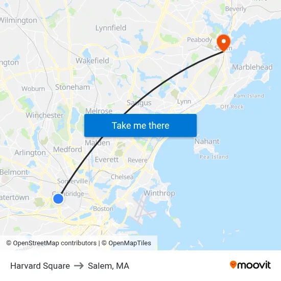 Harvard Square to Salem, MA map