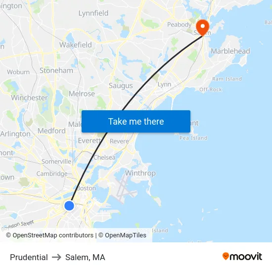 Prudential to Salem, MA map