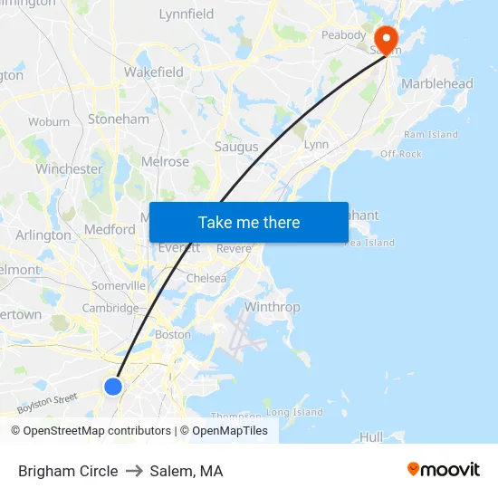 Brigham Circle to Salem, MA map