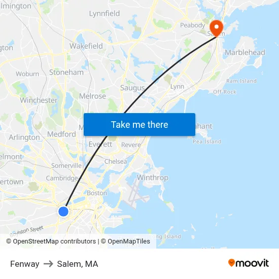 Fenway to Salem, MA map