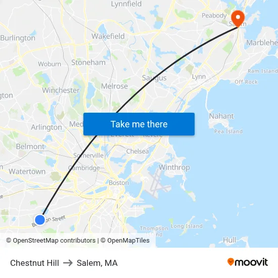 Chestnut Hill to Salem, MA map