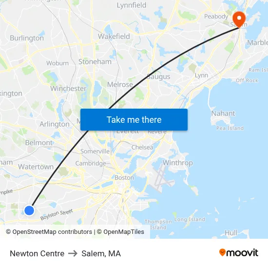 Newton Centre to Salem, MA map