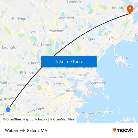 Waban to Salem, MA map