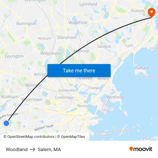 Woodland to Salem, MA map