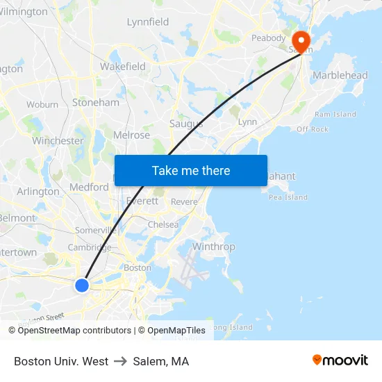 Boston Univ. West to Salem, MA map