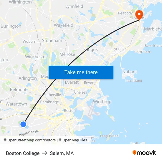 Boston College to Salem, MA map