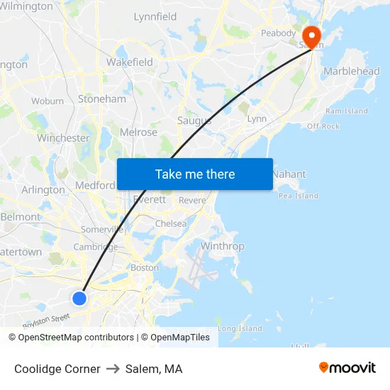 Coolidge Corner to Salem, MA map