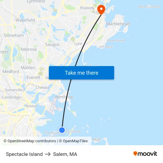 Spectacle Island to Salem, MA map