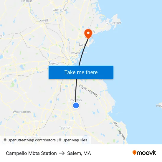 Campello Mbta Station to Salem, MA map