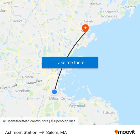 Ashmont Station to Salem, MA map