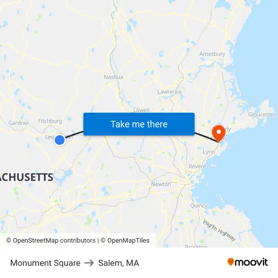 Monument Square to Salem, MA map