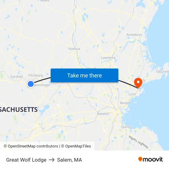 Great Wolf Lodge to Salem, MA map