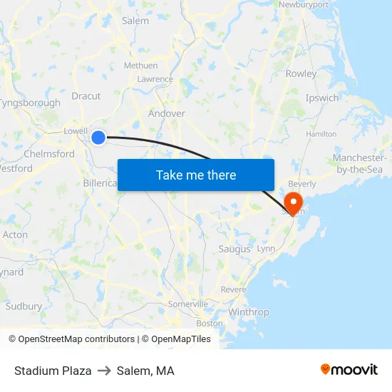Stadium Plaza to Salem, MA map