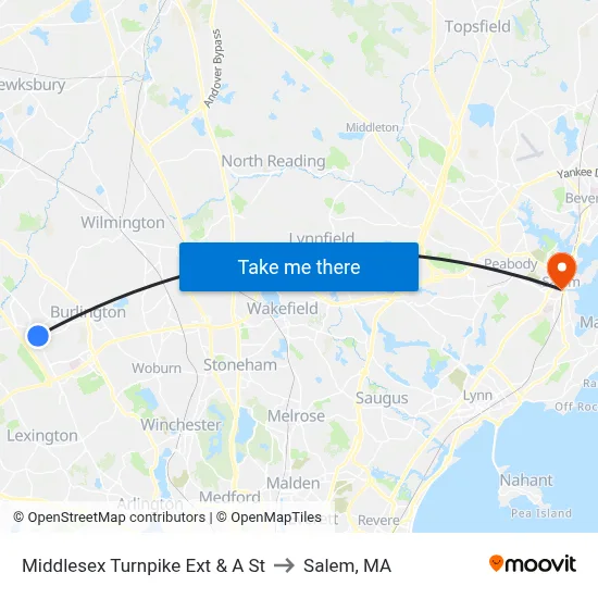 Middlesex Turnpike Ext & A St to Salem, MA map