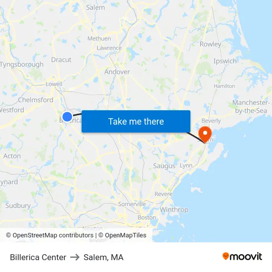 Billerica Center to Salem, MA map