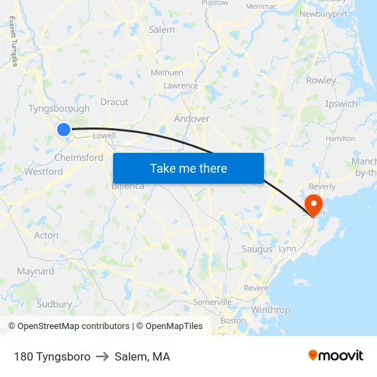 180 Tyngsboro to Salem, MA map