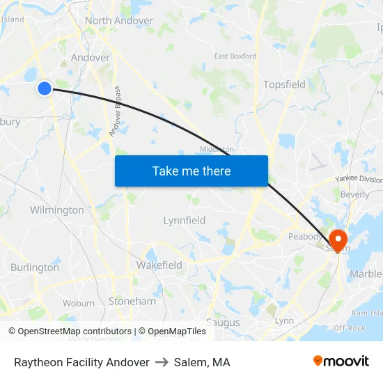 Raytheon Facility Andover to Salem, MA map