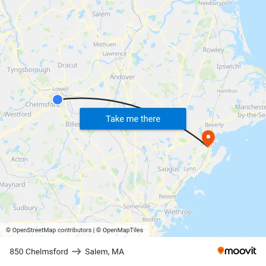 850 Chelmsford to Salem, MA map
