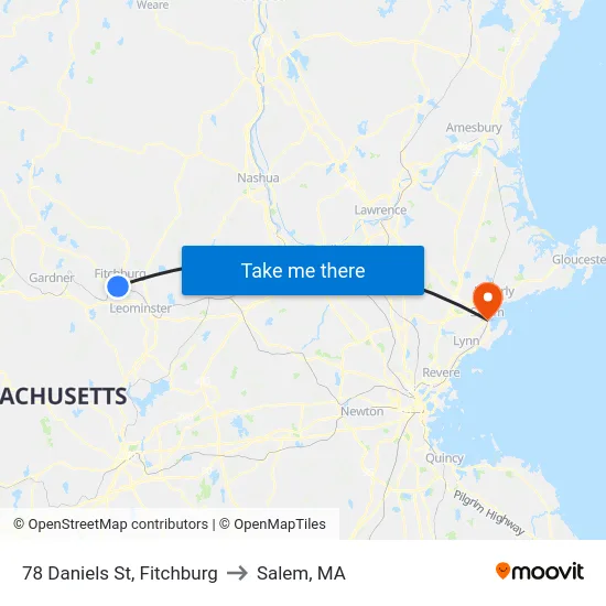 78 Daniels St, Fitchburg to Salem, MA map