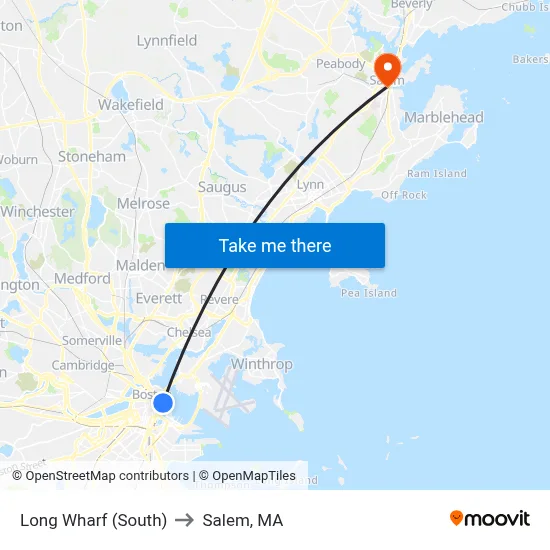 Long Wharf (South) to Salem, MA map
