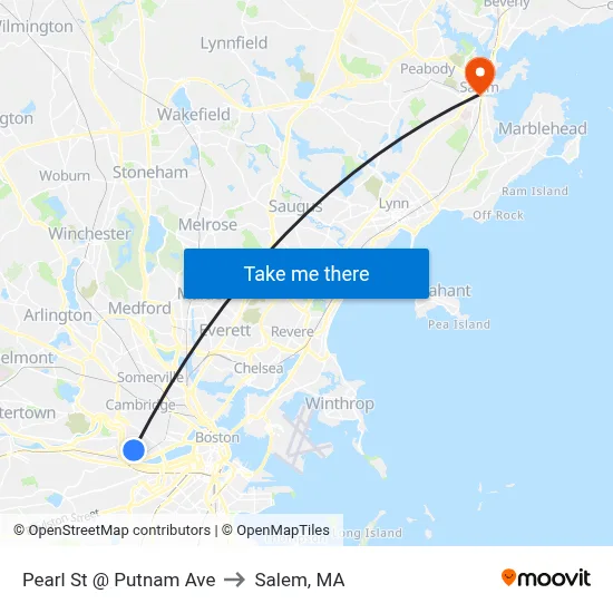 Pearl St @ Putnam Ave to Salem, MA map
