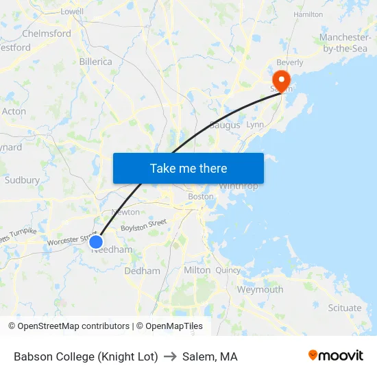 Babson College (Knight Lot) to Salem, MA map