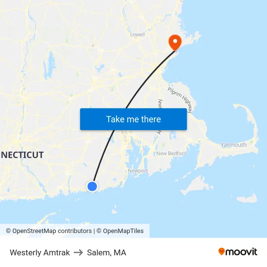 Westerly Amtrak to Salem, MA map