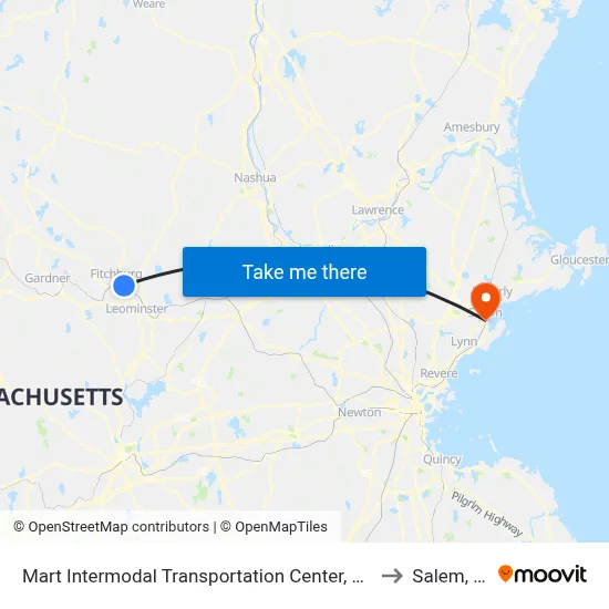 Mart Intermodal Transportation Center, Fitchburg to Salem, MA map
