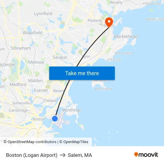 Boston (Logan Airport) to Salem, MA map