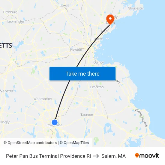 Peter Pan Bus Terminal Providence Ri to Salem, MA map