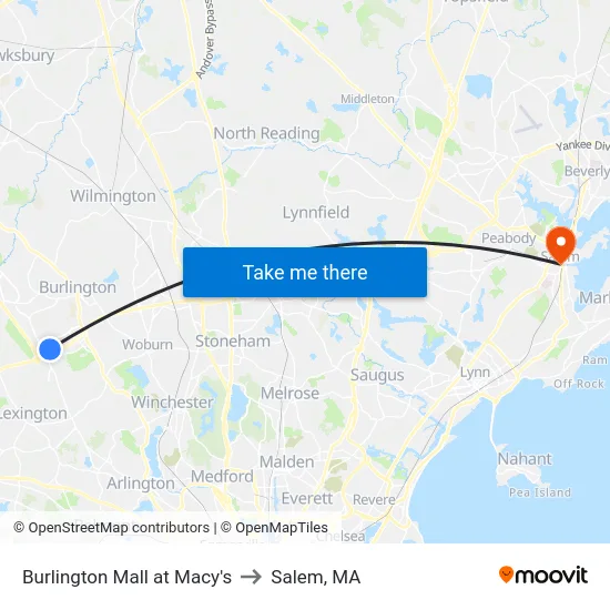 Burlington Mall at Macy's to Salem, MA map