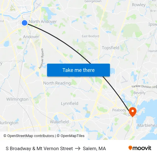 S Broadway & Mt Vernon Street to Salem, MA map