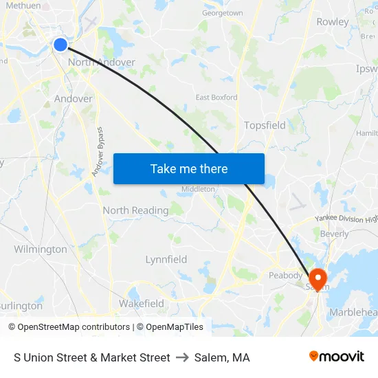 S Union Street & Market Street to Salem, MA map