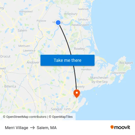 Merri Village to Salem, MA map