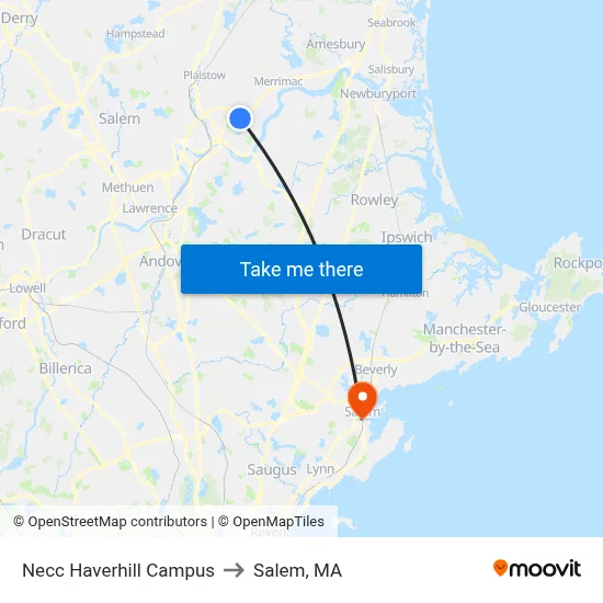 Necc Haverhill Campus to Salem, MA map