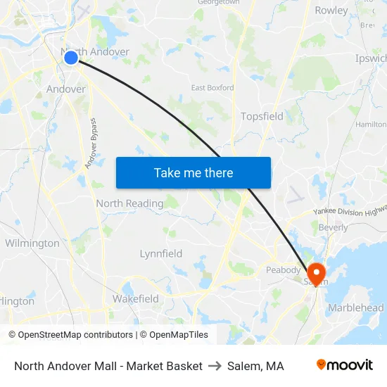 North Andover Mall - Market Basket to Salem, MA map