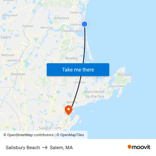 Salisbury Beach to Salem, MA map