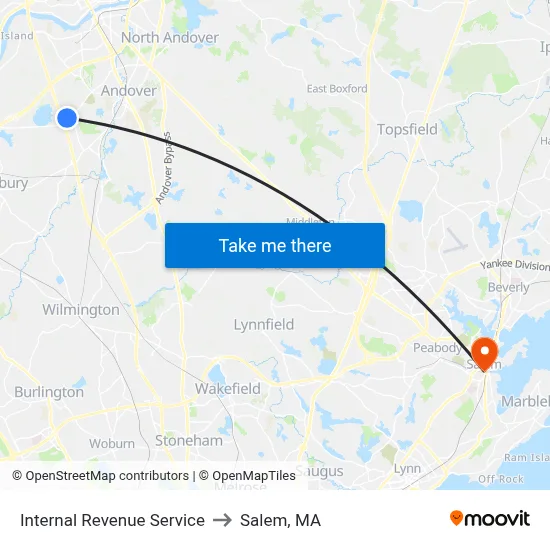 Internal Revenue Service to Salem, MA map