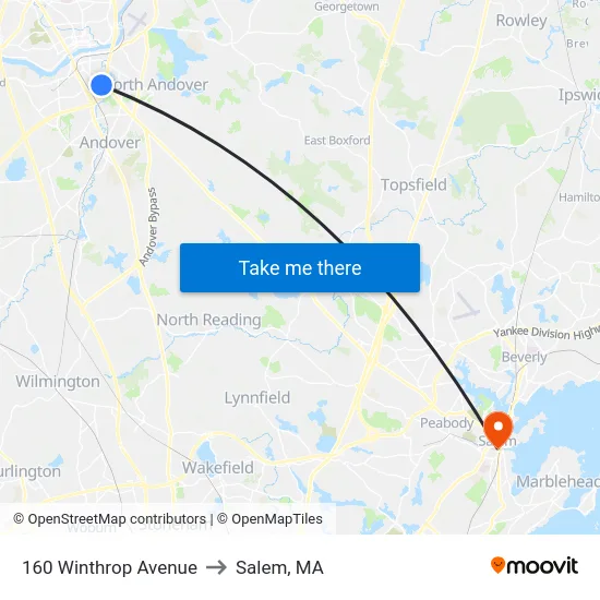 160 Winthrop Avenue to Salem, MA map