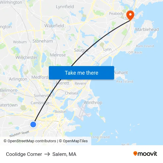 Coolidge Corner to Salem, MA map