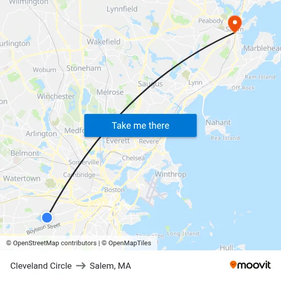 Cleveland Circle to Salem, MA map