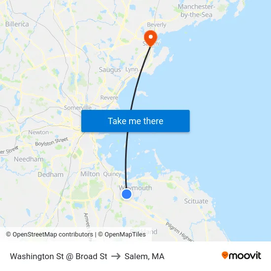 Washington St @ Broad St to Salem, MA map