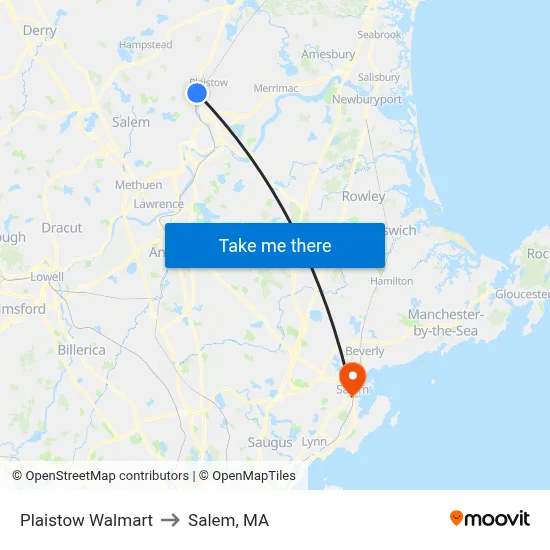 Plaistow Walmart to Salem, MA map