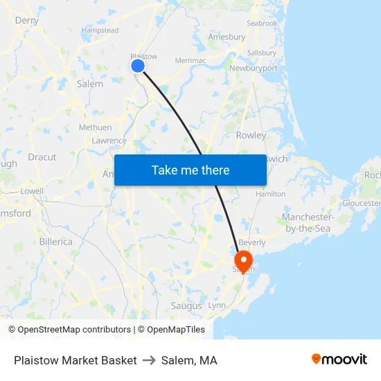Plaistow Market Basket to Salem, MA map