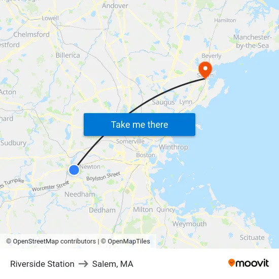 Riverside Station to Salem, MA map