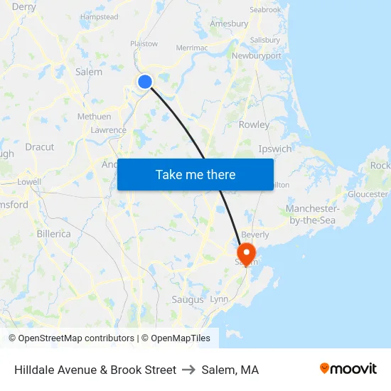 Hilldale Avenue & Brook Street to Salem, MA map